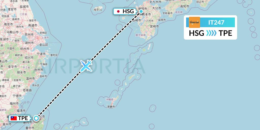 IT247 Tigerair Taiwan Flight Map: Saga to Taipei