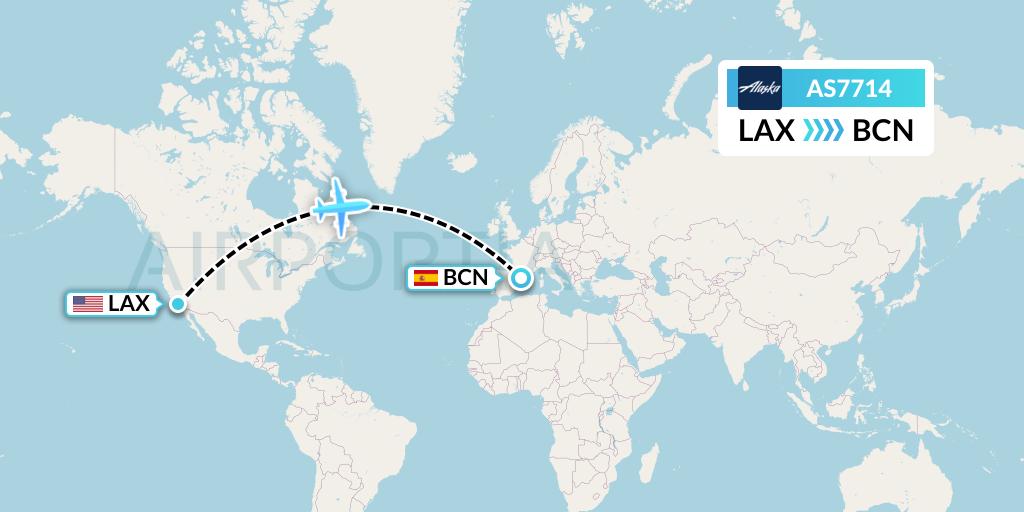 AS7714 Alaska Airlines Flight Map: Los Angeles to Barcelona