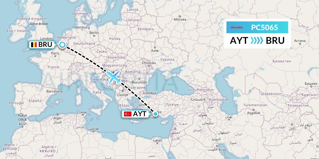 PC5065 Pegasus Airlines Flight Map: Antalya to Brussels