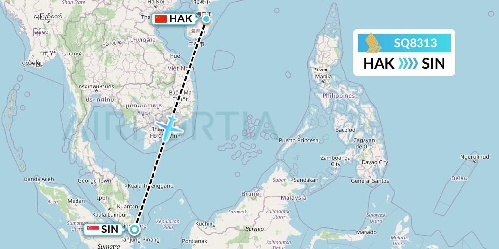SQ8313 Singapore Airlines Flight Map: Haikou to Singapore