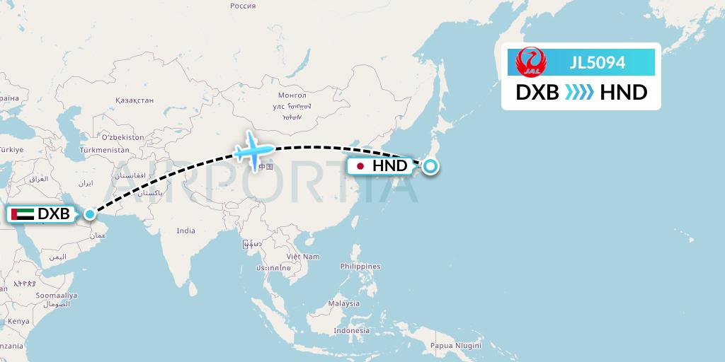 JL5094 Japan Airlines Flight Map: Dubai to Tokyo