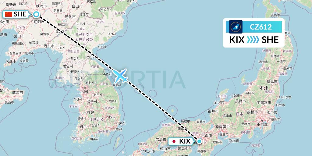 CZ612 China Southern Airlines Flight Map: Osaka to Shenyang