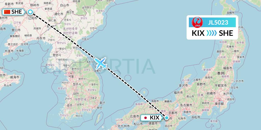 JL5023 Japan Airlines Flight Map: Osaka to Shenyang