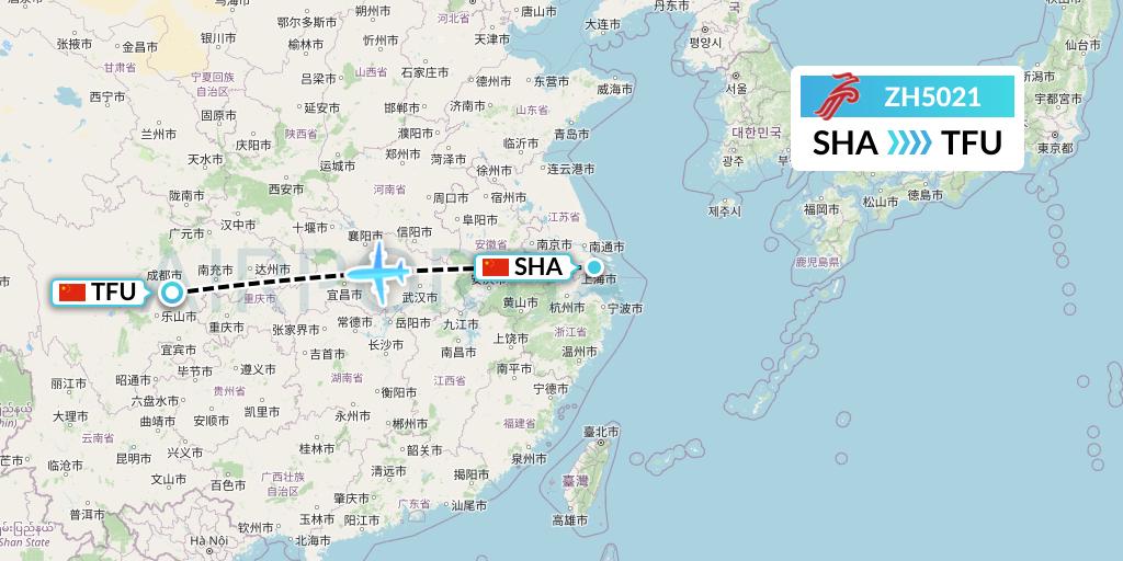 ZH5021 Shenzhen Airlines Flight Map: Shanghai to Chengdu