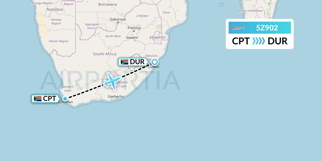 5Z902 CemAir Flight Map: Cape Town to Durban