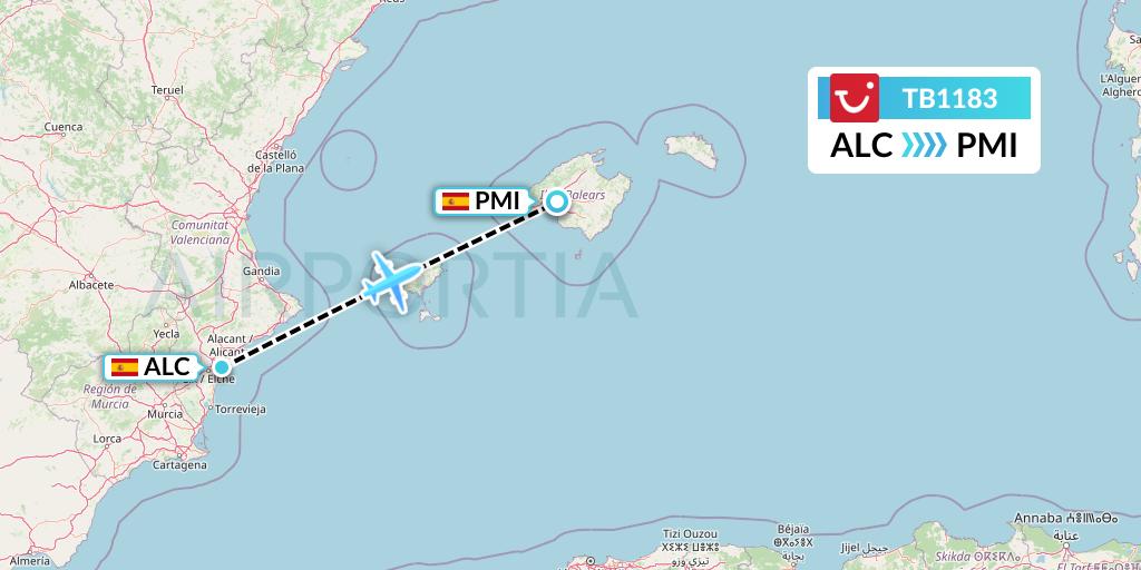 TB1183 TUI fly Belgium Flight Map: Alicante to Palma de Mallorca