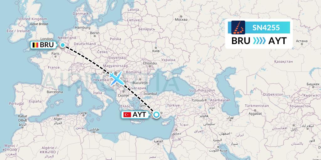 SN4255 Brussels Airlines Flight Map: Brussels to Antalya