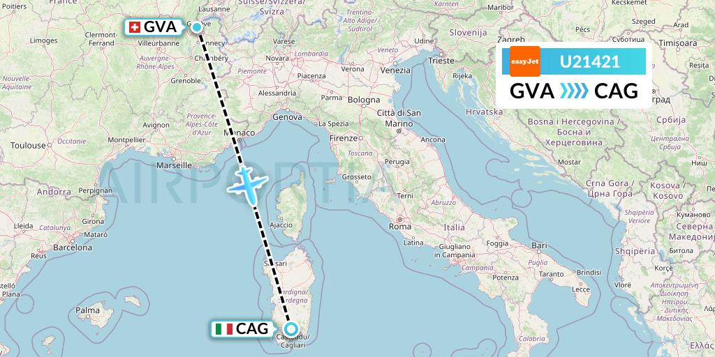 U21421 EasyJet Flight Map: Geneva to Cagliari