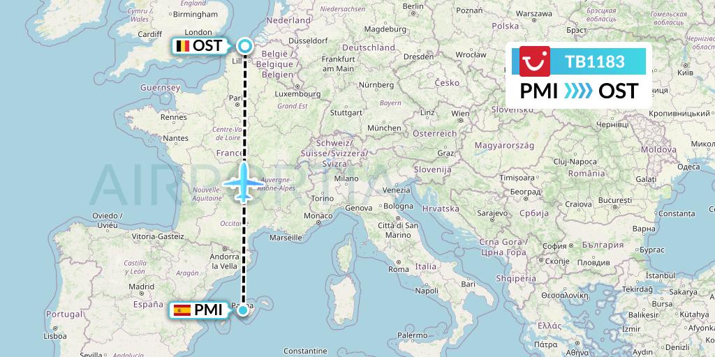 TB1183 TUI fly Belgium Flight Map: Palma de Mallorca to Ostend