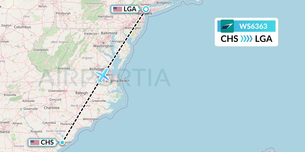 WS6363 WestJet Flight Map: Charleston to New York