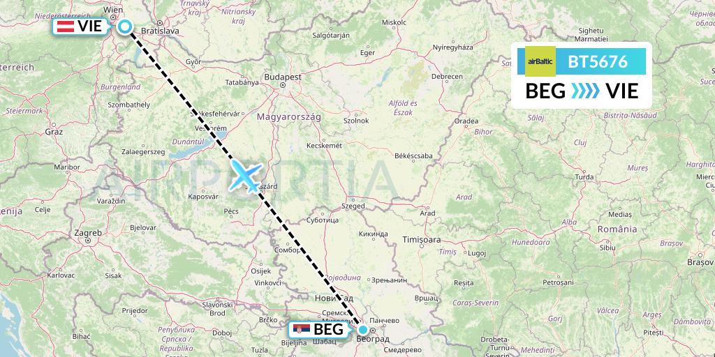 BT5676 Air Baltic Flight Map: Belgrade to Vienna