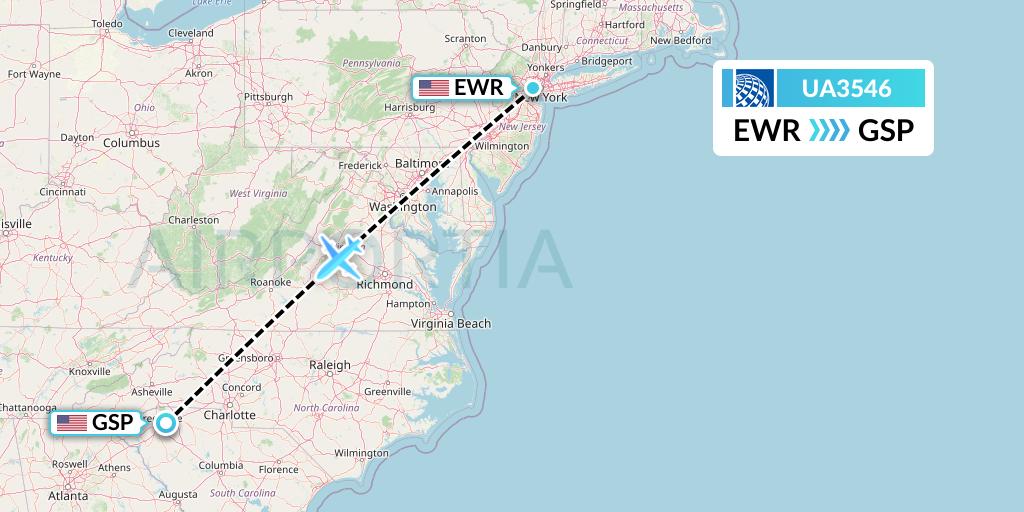 UA3546 United Airlines Flight Map: New York to Greenville-Spartanburg