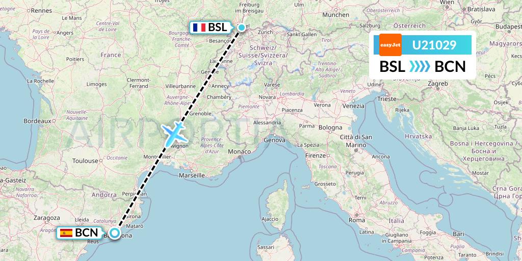 U21029 EasyJet Flight Map: Basel to Barcelona