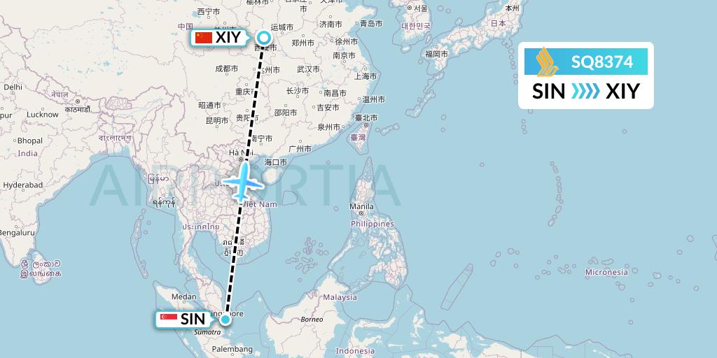 SQ8374 Singapore Airlines Flight Map: Singapore to Xi'an