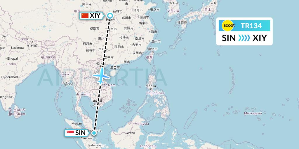TR134 Tigerair Flight Map: Singapore to Xi'an