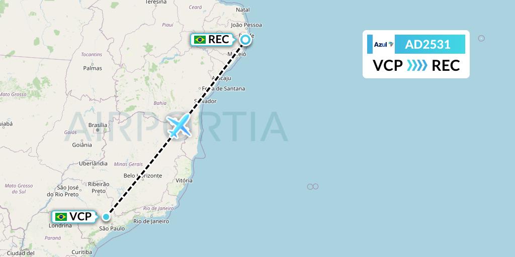 AD2531 Azul Brazilian Airlines Flight Map: Campinas to Recife