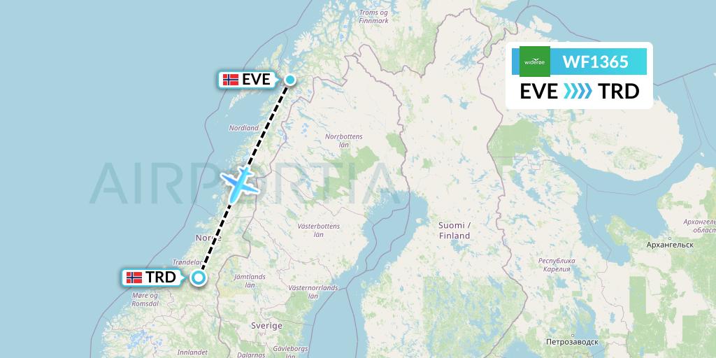 WF1365 Wideroe Flight Map: Harstad to Trondheim