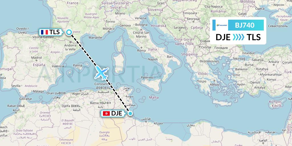 BJ740 Nouvelair Tunisie Flight Map: Djerba to Toulouse