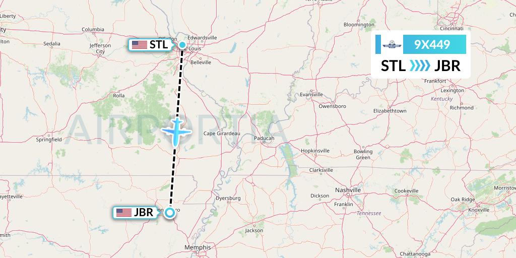 9X449 Southern Airways Express Flight Map: St. Louis to Jonesboro