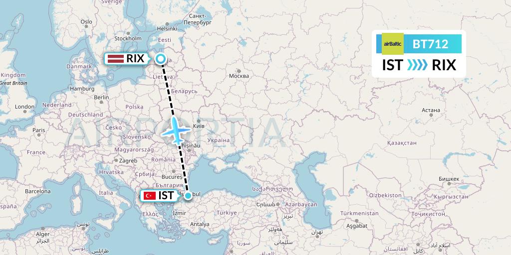 BT712 Air Baltic Flight Map: Istanbul to Riga