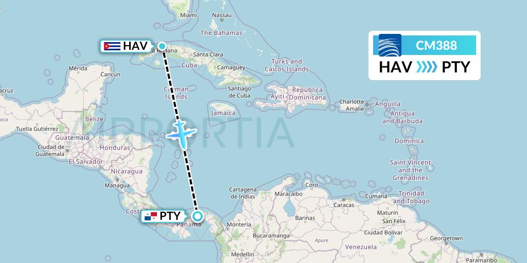 CM388 Copa Airlines Flight Map: Havana to Panama City