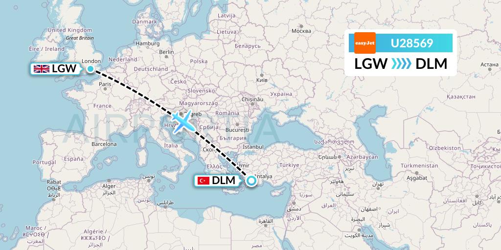 U28569 EasyJet Flight Map: London to Dalaman