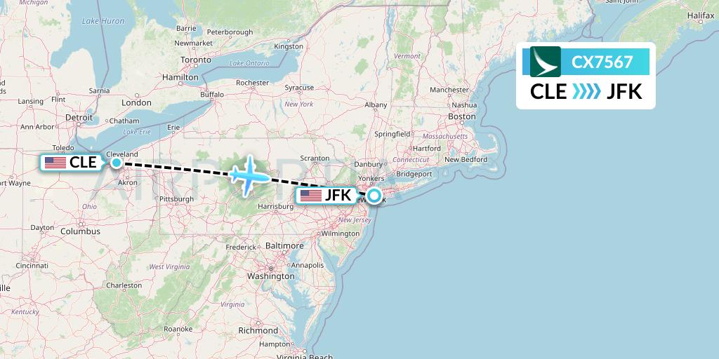 CX7567 Cathay Pacific Flight Map: Cleveland to New York