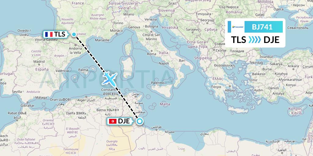 BJ741 Nouvelair Tunisie Flight Map: Toulouse to Djerba