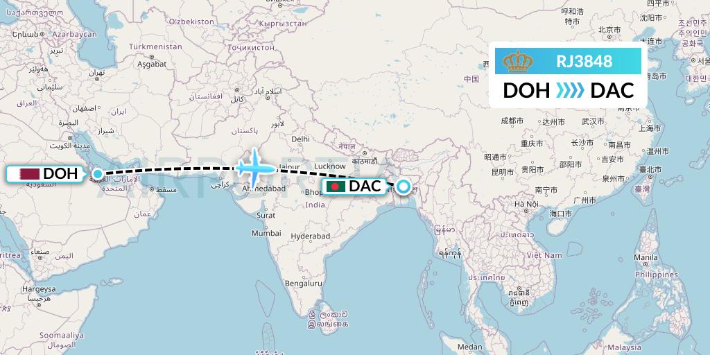 RJ3848 Royal Jordanian Flight Map: Doha to Dhaka