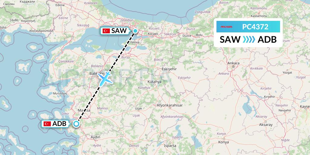 PC4372 Pegasus Airlines Flight Map: Istanbul to Izmir