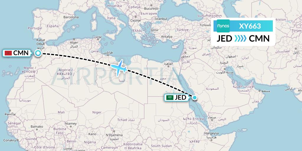 XY663 Flynas Flight Map: Jeddah to Casablanca