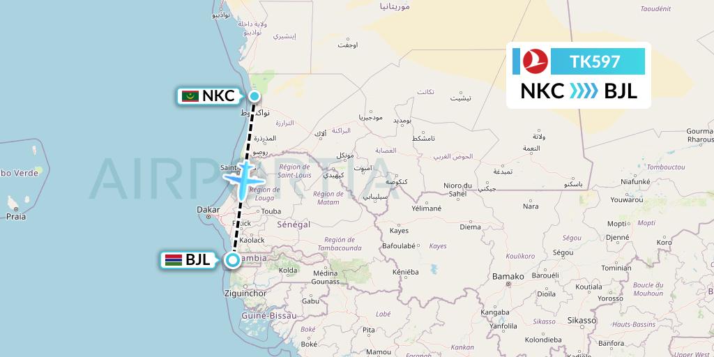 TK597 Turkish Airlines Flight Map: Nouakchott to Banjul
