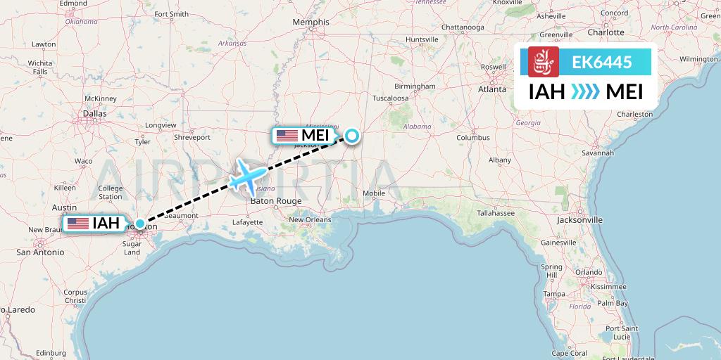 EK6445 Emirates Flight Map: Houston to Meridian