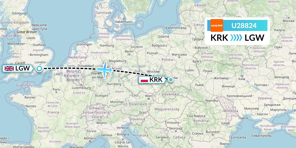 U28824 EasyJet Flight Map: Krakow to London