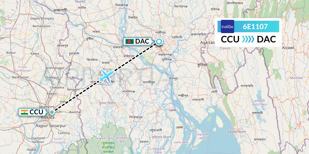 6E1107 IndiGo Airlines Flight Map: Kolkata to Dhaka