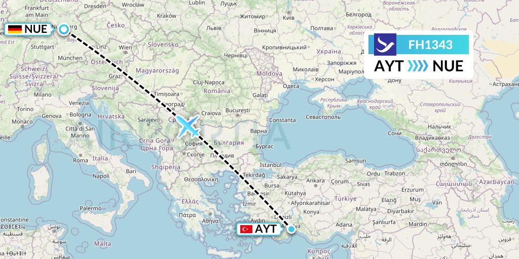 FH1343 Freebird Airlines Flight Map: Antalya to Nurnberg