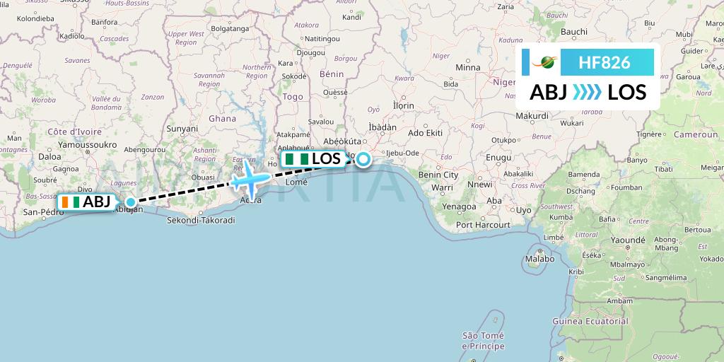 HF826 Air Cote d'Ivoire Flight Map: Abidjan to Lagos