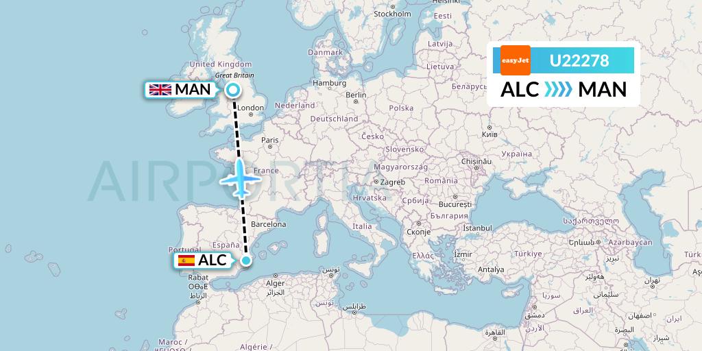 U22278 EasyJet Flight Map: Alicante to Manchester