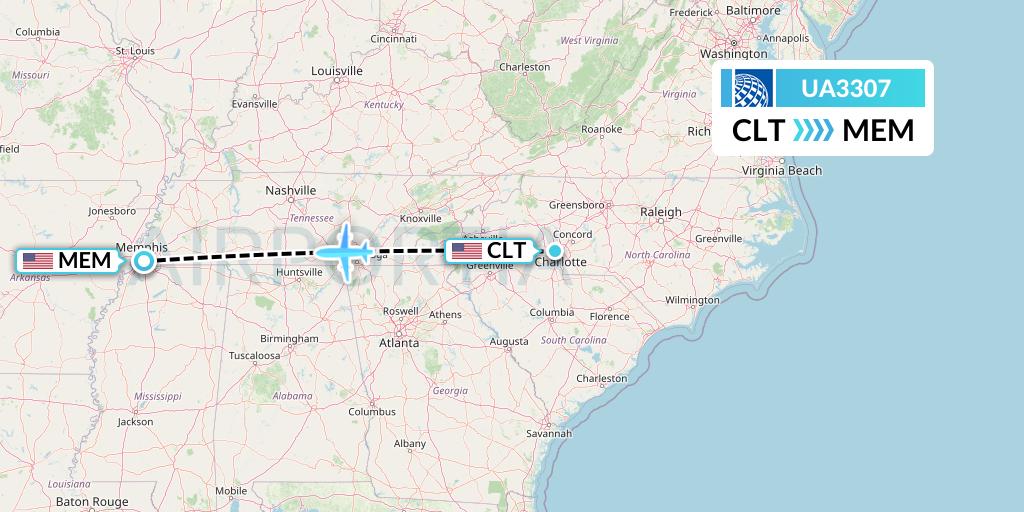 UA3307 United Airlines Flight Map: Charlotte to Memphis