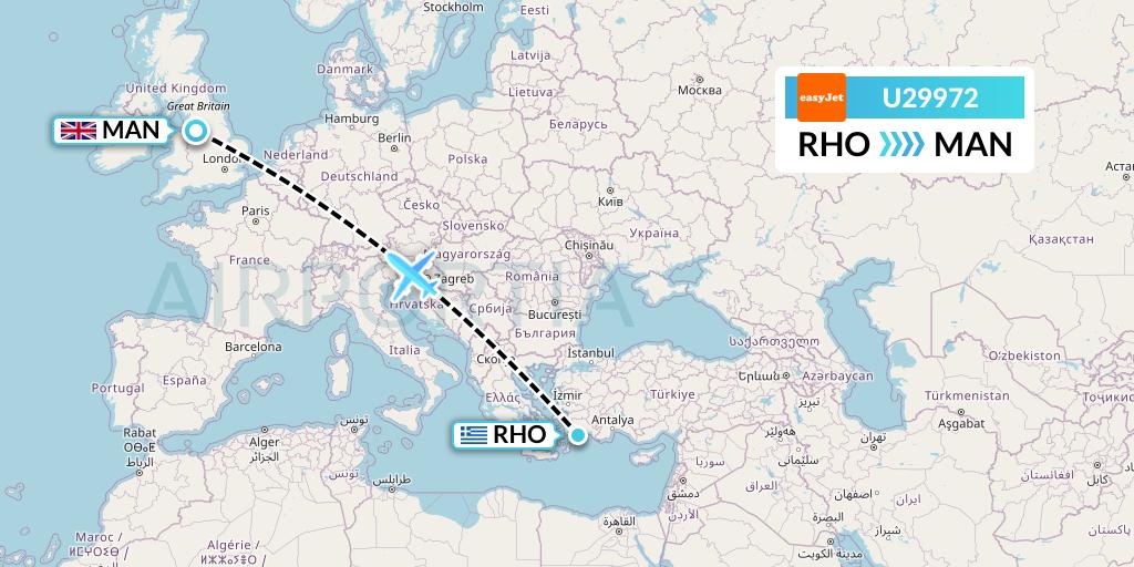U29972 EasyJet Flight Map: Rhodes to Manchester