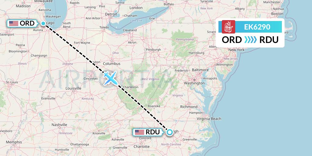 EK6290 Emirates Flight Map: Chicago to Raleigh-Durham