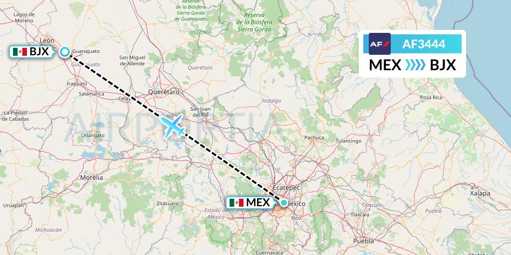 AF3444 Air France Flight Map: Mexico City to Silao