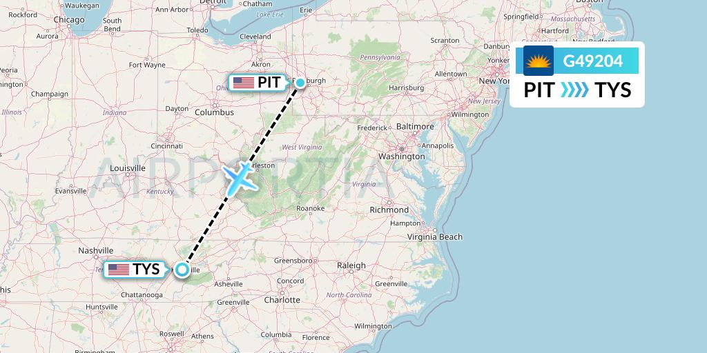 G49204 Allegiant Air Flight Map: Pittsburgh to Knoxville