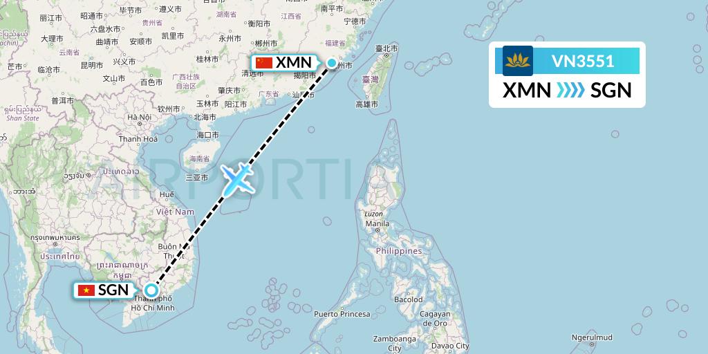 VN3551 Vietnam Airlines Flight Map: Xiamen to Ho Chi Minh City