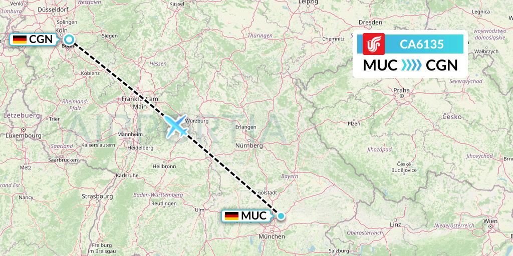 CA6135 Air China Flight Map: Munich to Cologne