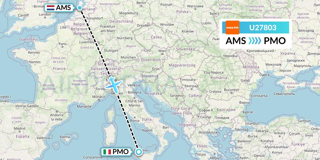 U27803 EasyJet Flight Map: Amsterdam to Palermo