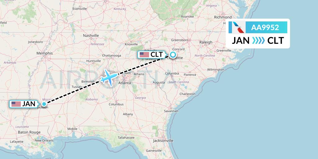 AA9952 American Airlines Flight Map: Jackson to Charlotte