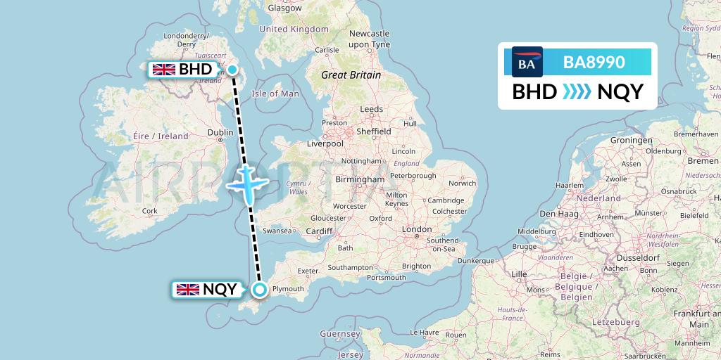 BA8990 British Airways Flight Map: Belfast to Newquay