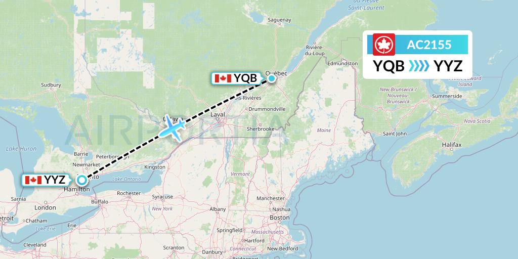 AC2155 Air Canada Flight Map: Quebec to Toronto