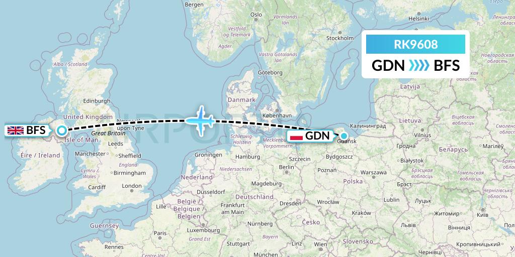 RK9608 Ryanair UK Flight Map: Gdansk to Belfast